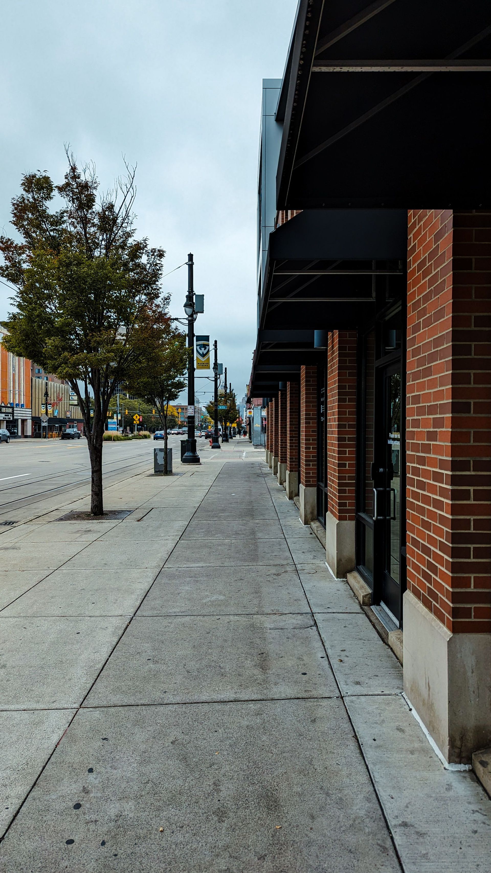 A quiet urban street lined with brick buildings and trees on a cloudy day.